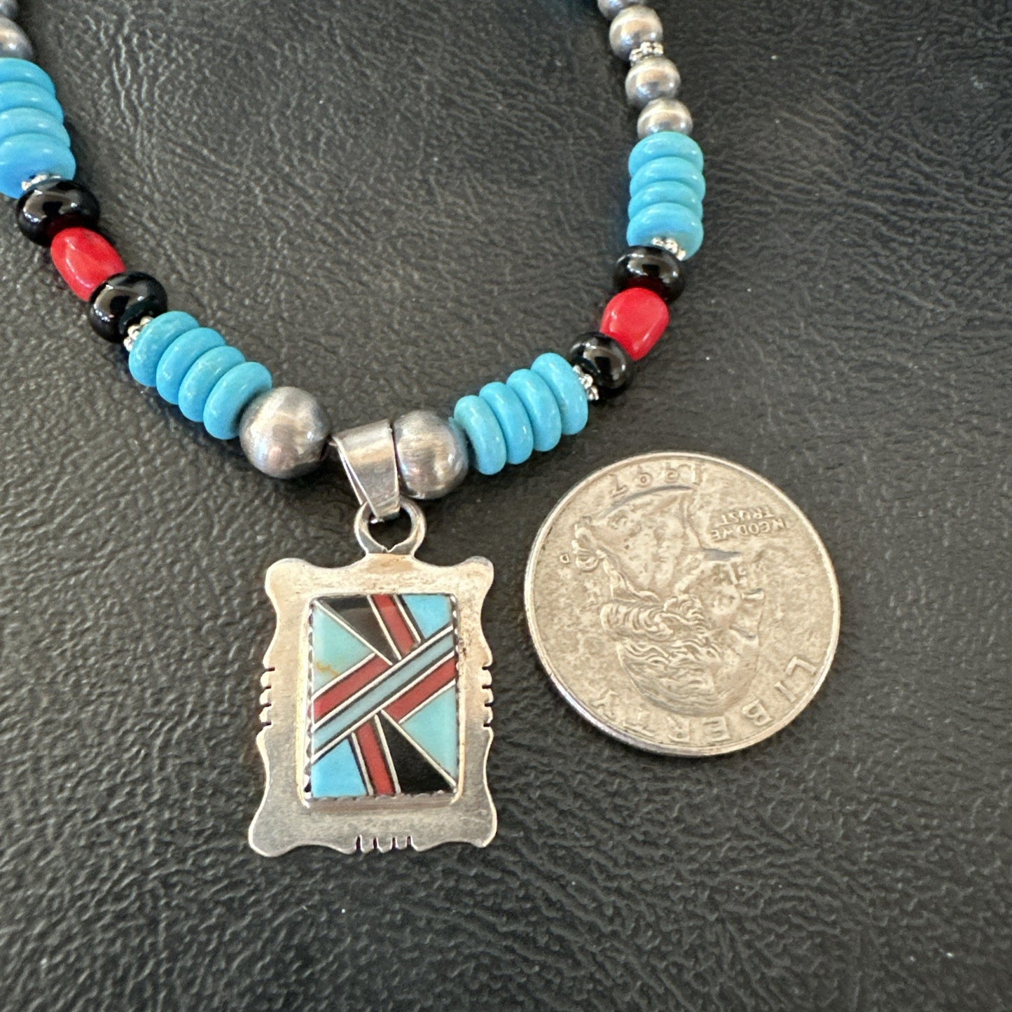 Multicolor Turquoise Coral Navajo Sterling Silver Inlay Pendant Necklace 19649