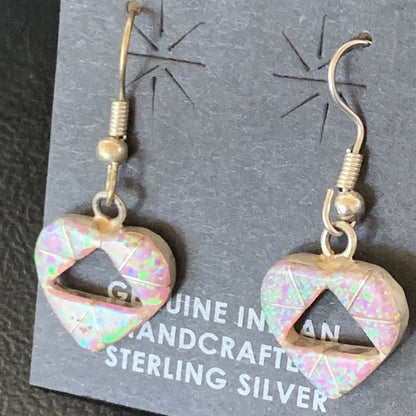 Womens Pink Opal Heart Inlay Navajo Sterling Silver Dangle Drop Earrings 12763