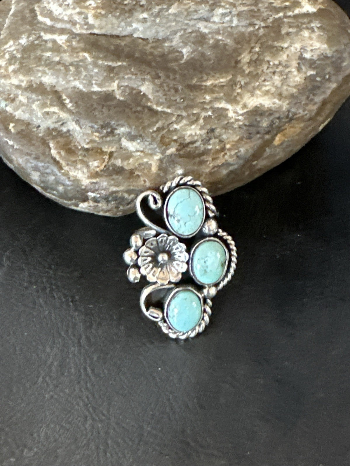 Yazzie Ring Blue Turquoise Navajo Sterling Silver Cluster Size 8.5 19226