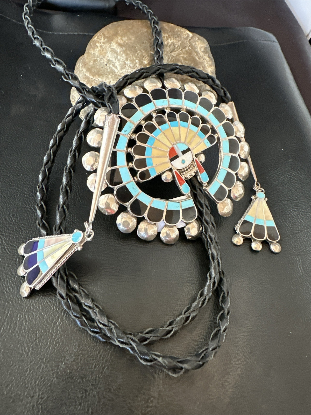 Mens Bolo Tie Zuni Sunface Kingman Turquoise Onyx Inlay Sterling Silver 18142