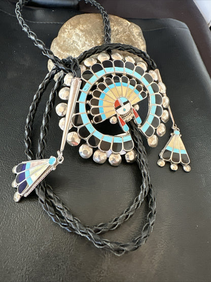 Mens Bolo Tie Zuni Sunface Kingman Turquoise Onyx Inlay Sterling Silver 18142