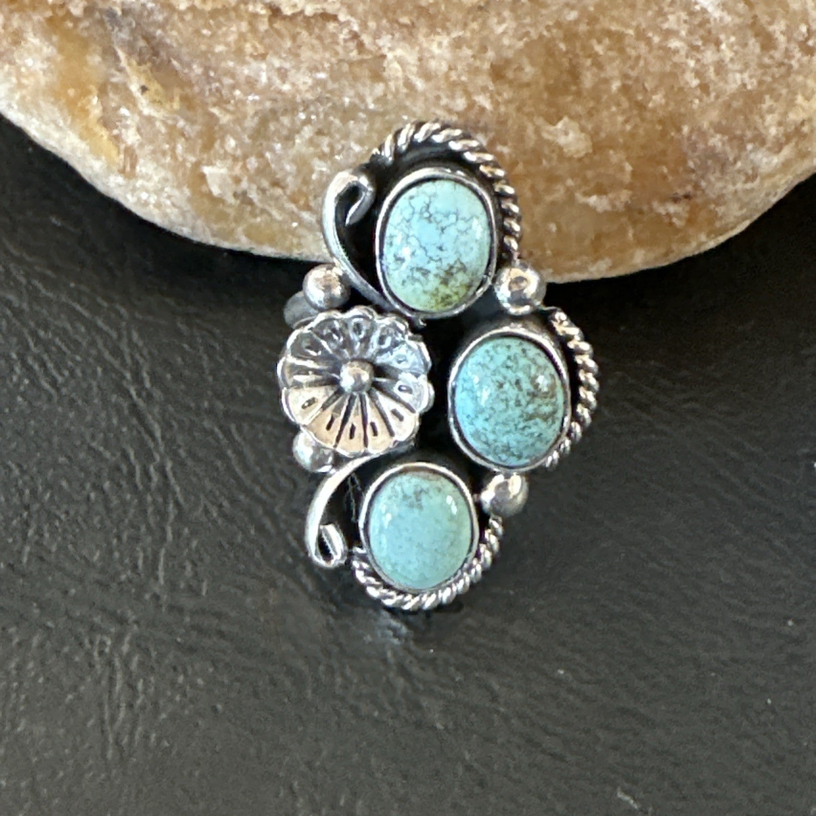 Yazzie Ring Blue Turquoise Navajo Sterling Silver Cluster Size 8 19219