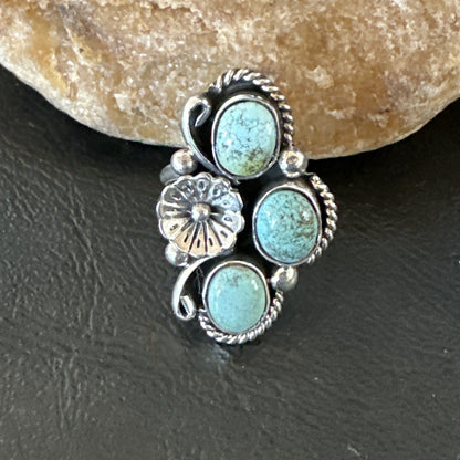 Yazzie Ring Blue Turquoise Navajo Sterling Silver Cluster Size 8 19219