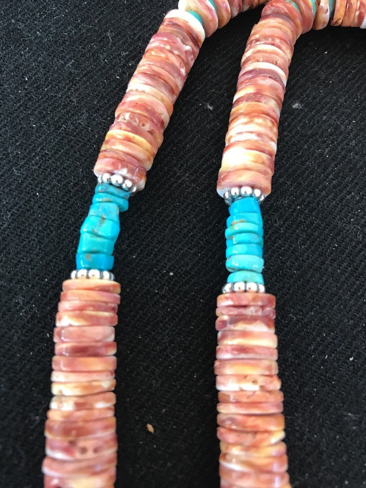 Native Navajo Sterling Silver Turquoise Spiny Oyster Bead Necklace Pendant 10040