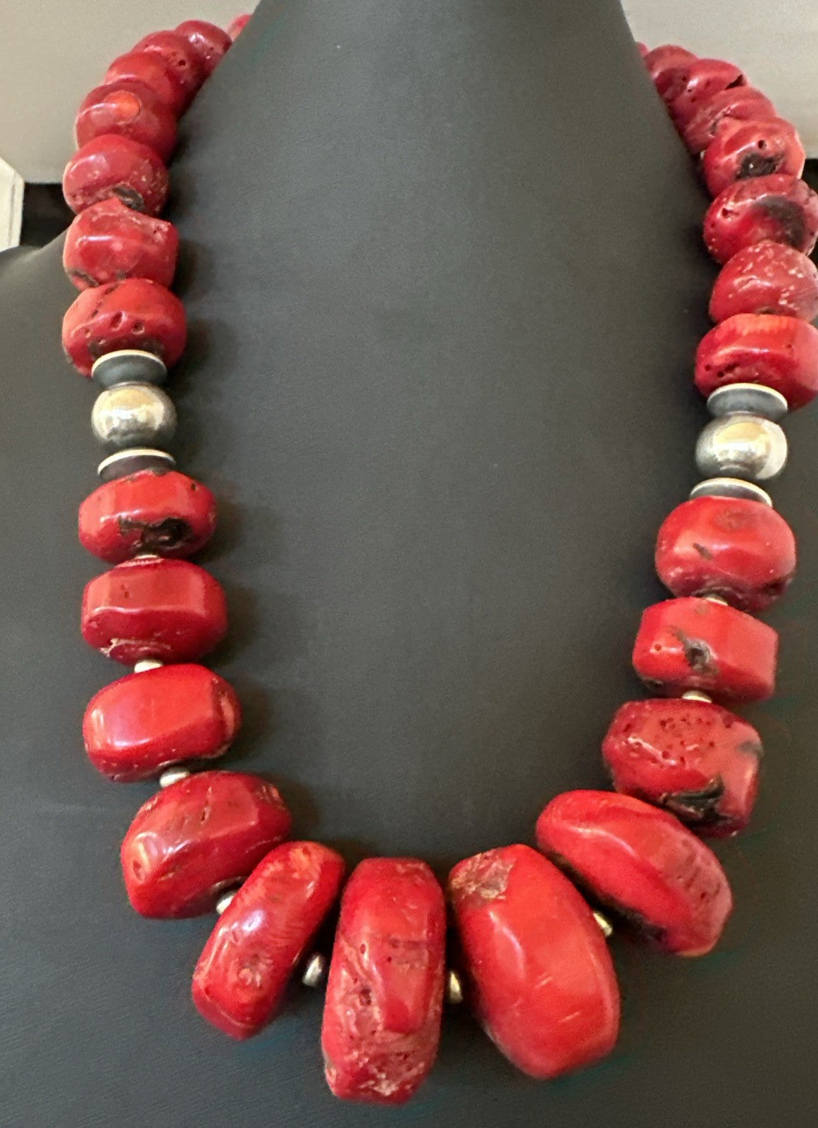 Chunky Navajo Red Bamboo Coral Sterling Silver Bead Necklace 24” Graduated 19530