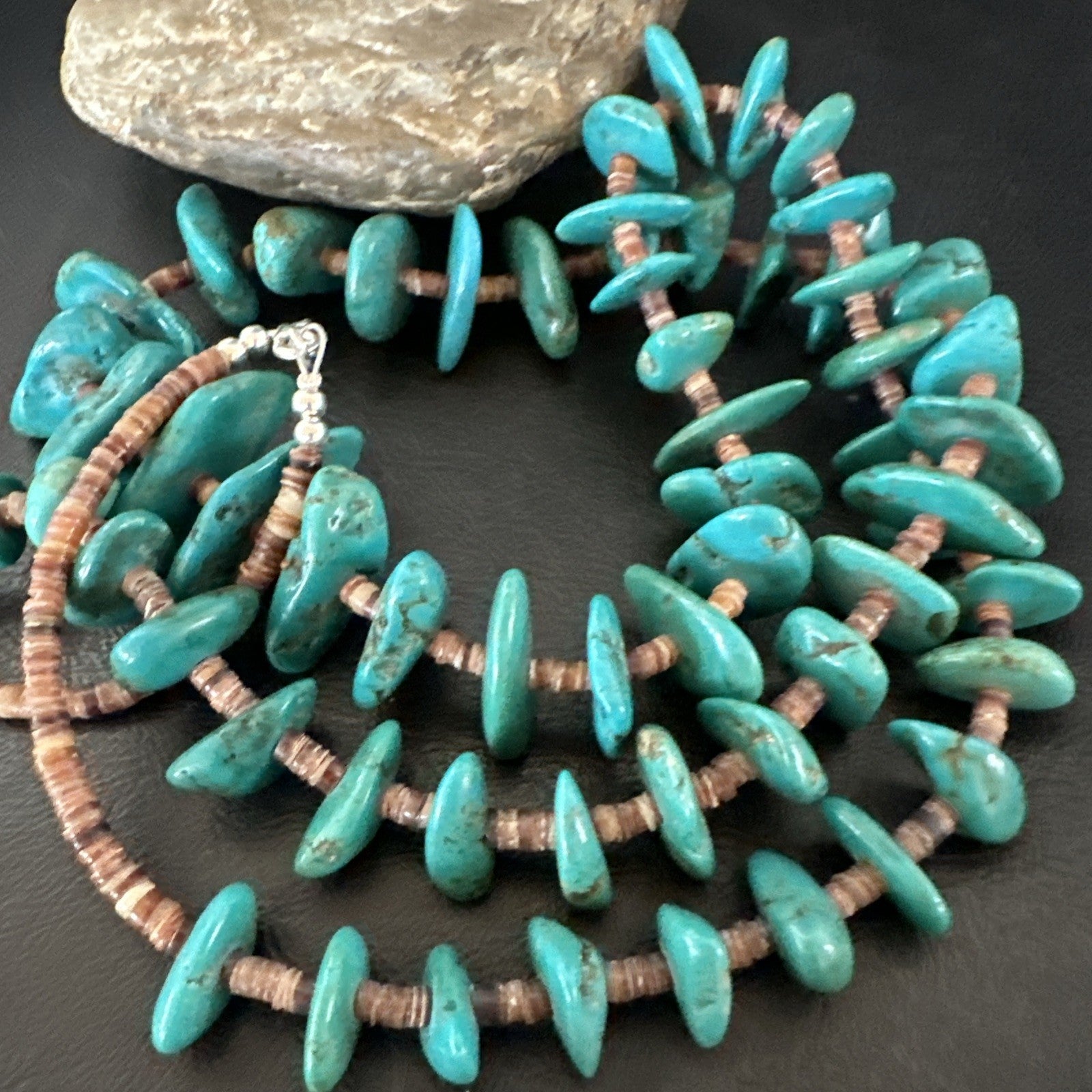 XL Navajo Kingman Turquoise Shell Heishi Sterling Silver Bead 35” Necklace 19634