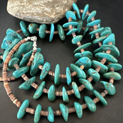 XL Navajo Kingman Turquoise Shell Heishi Sterling Silver Bead 35” Necklace 19634