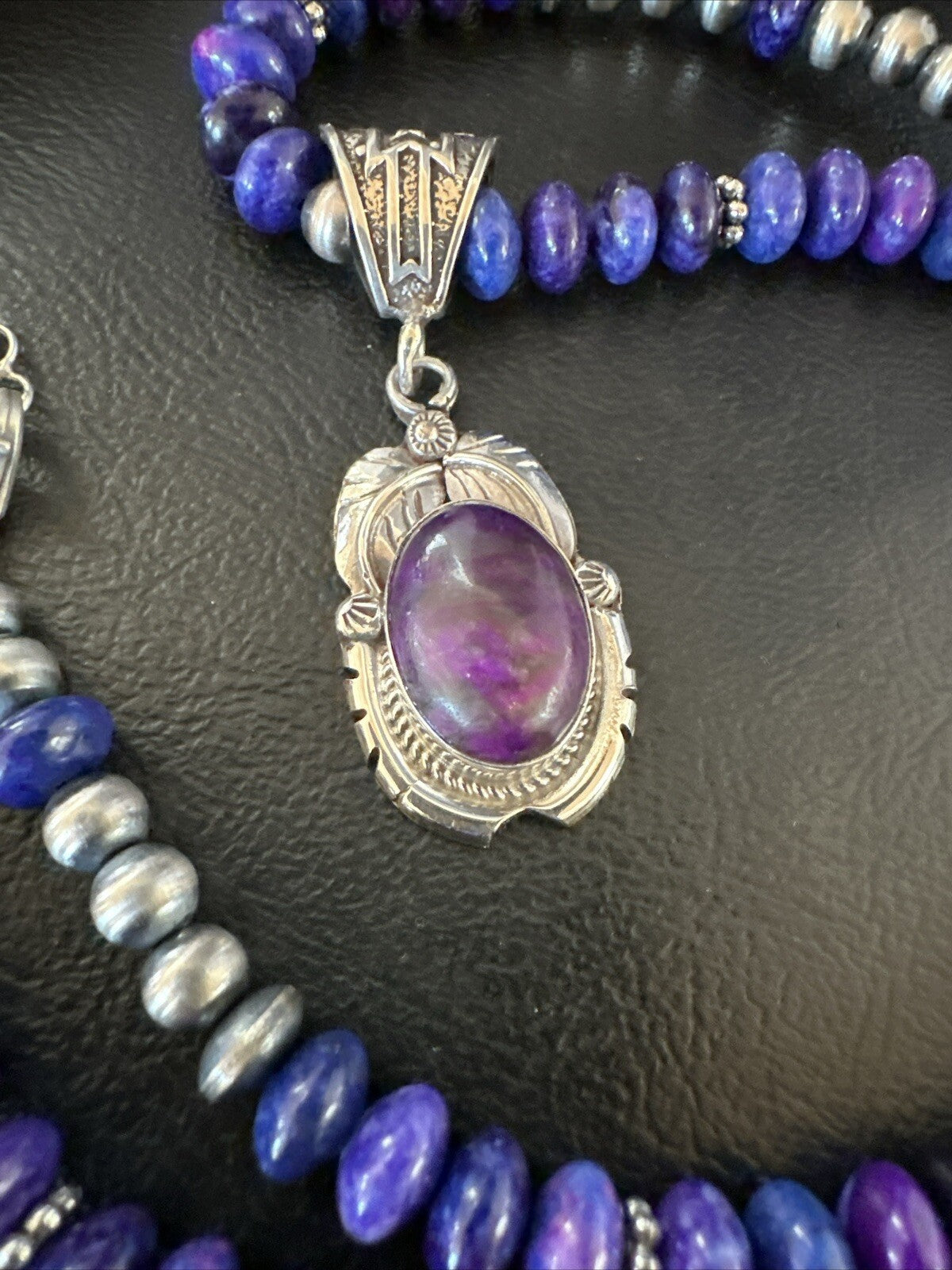 Purple Stone Pendant Navajo Pearls Sterling Silver Necklace 21” 18034