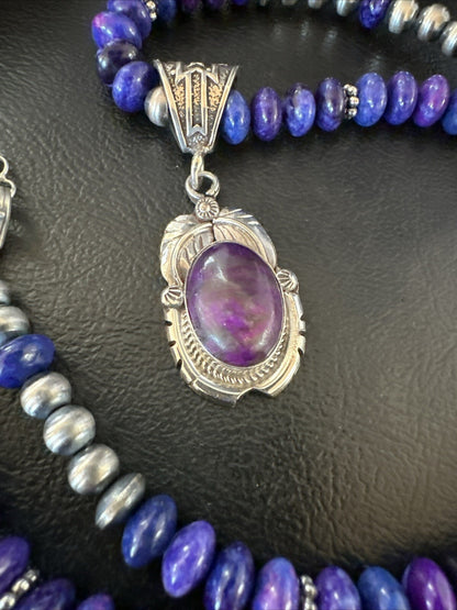 Purple Stone Pendant Navajo Pearls Sterling Silver Necklace 21” 18034