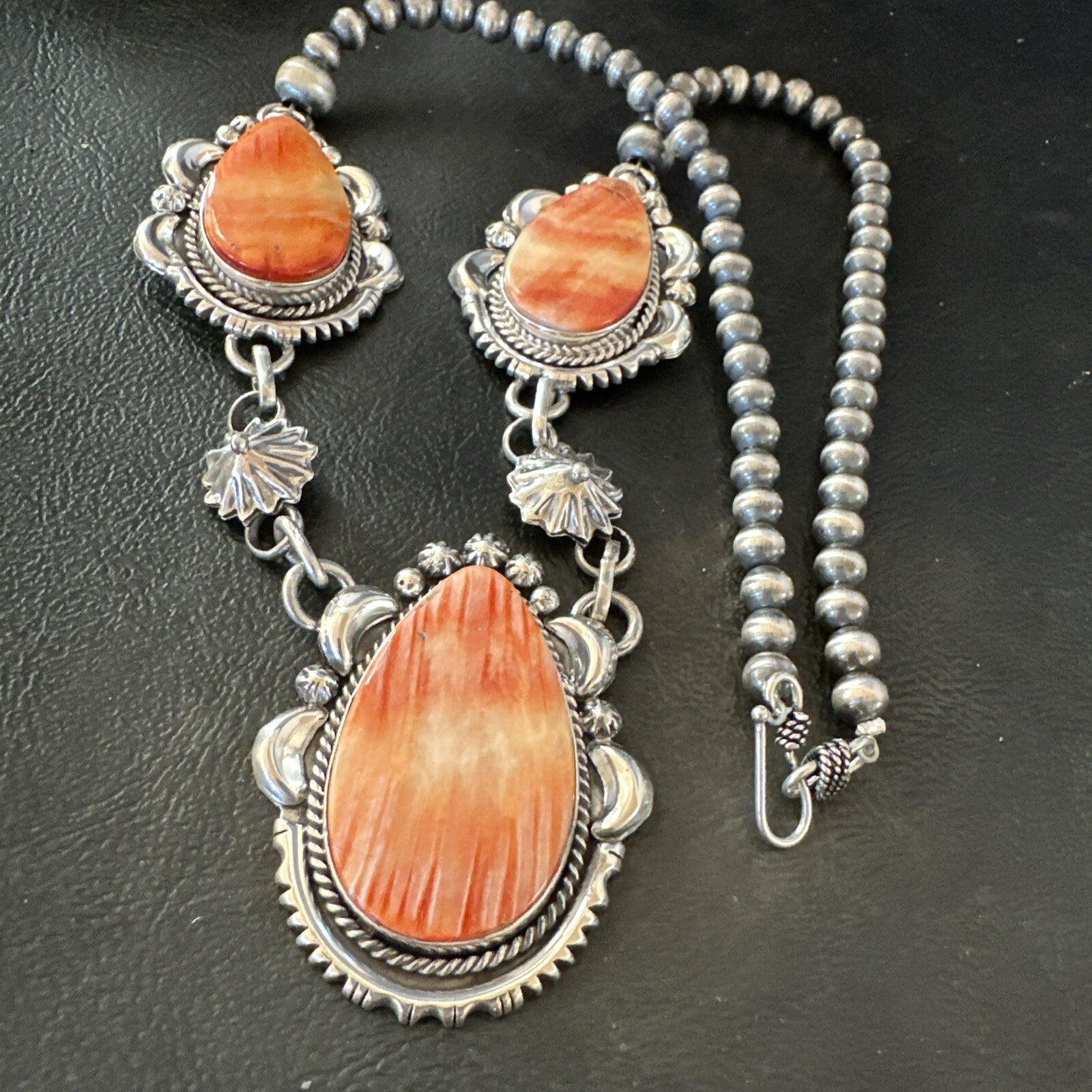 Orange Spiny Oyster Pendant Navajo Sterling Silver Lariat Necklace 21" 18628