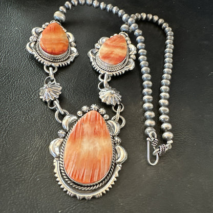 Orange Spiny Oyster Pendant Navajo Sterling Silver Lariat Necklace 21" 18628