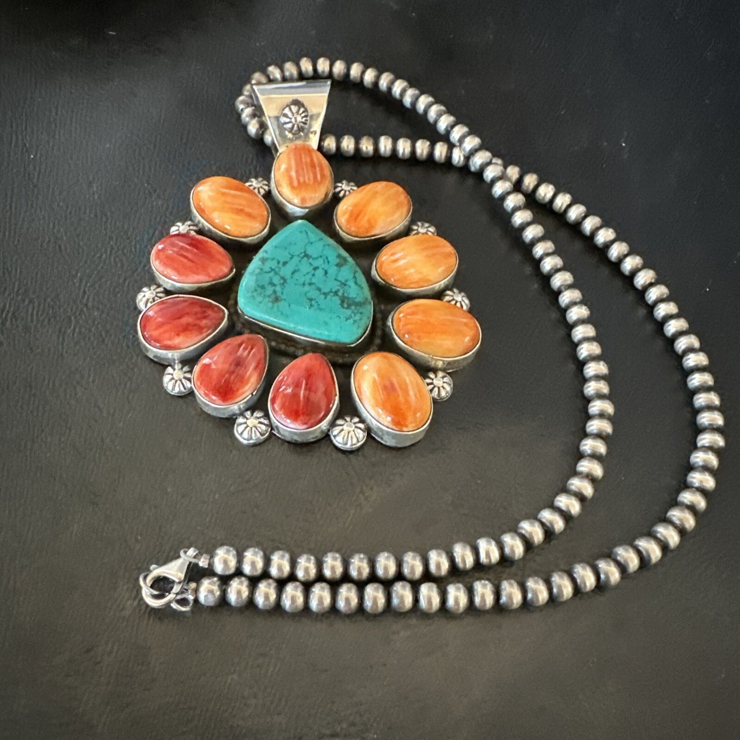 XL Turquoise Orange Spiny Cluster Pendant Navajo Sterling Silver Necklace 18400