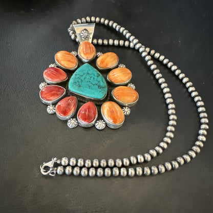 XL Turquoise Orange Spiny Cluster Pendant Navajo Sterling Silver Necklace 18400