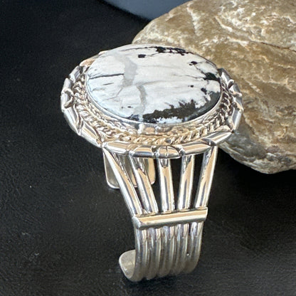 White Buffalo Turquoise Navajo Sterling Silver Cuff Bracelet 19279