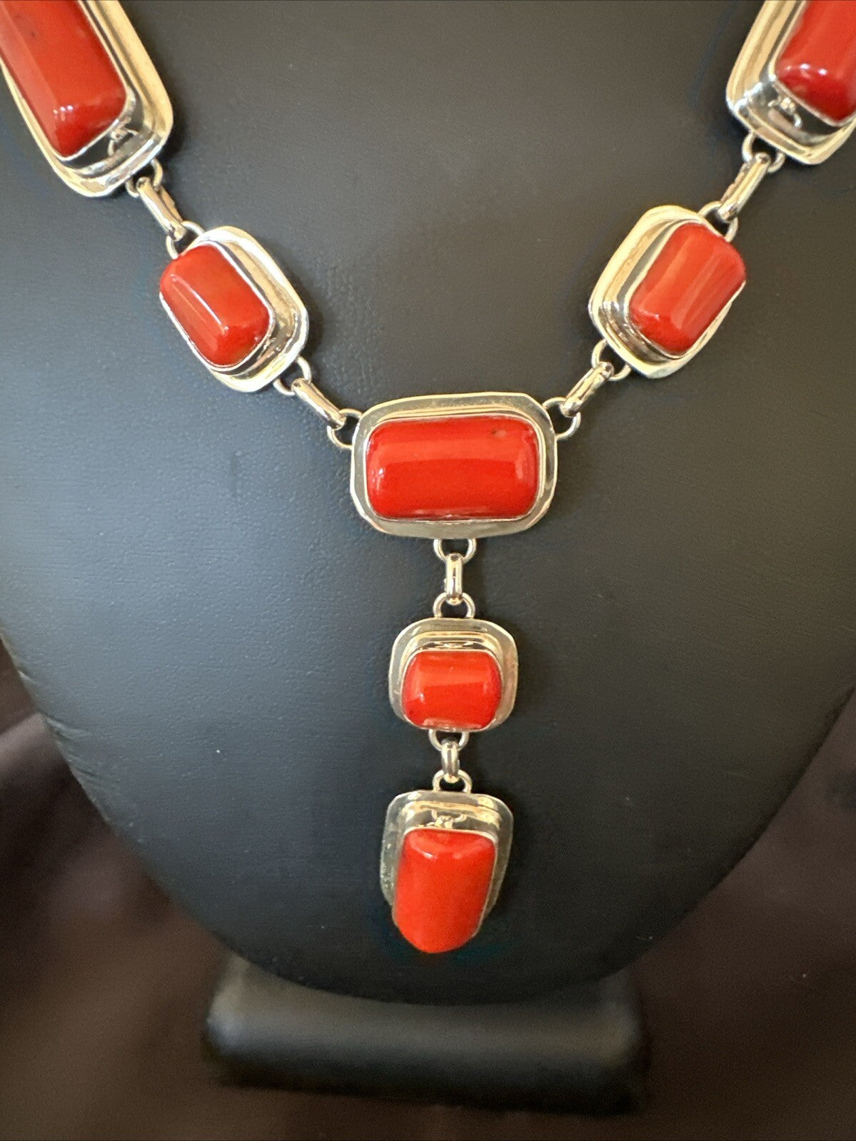 Handmade Women Red Coral Lariat Necklace Pendant Sterling Silver 19” 18410