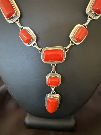 Handmade Women Red Coral Lariat Necklace Pendant Sterling Silver 19” 18410