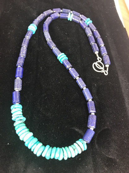Blue Turquoise & Lapis Navajo Pearls Sterling Silver Necklace 23" 3245