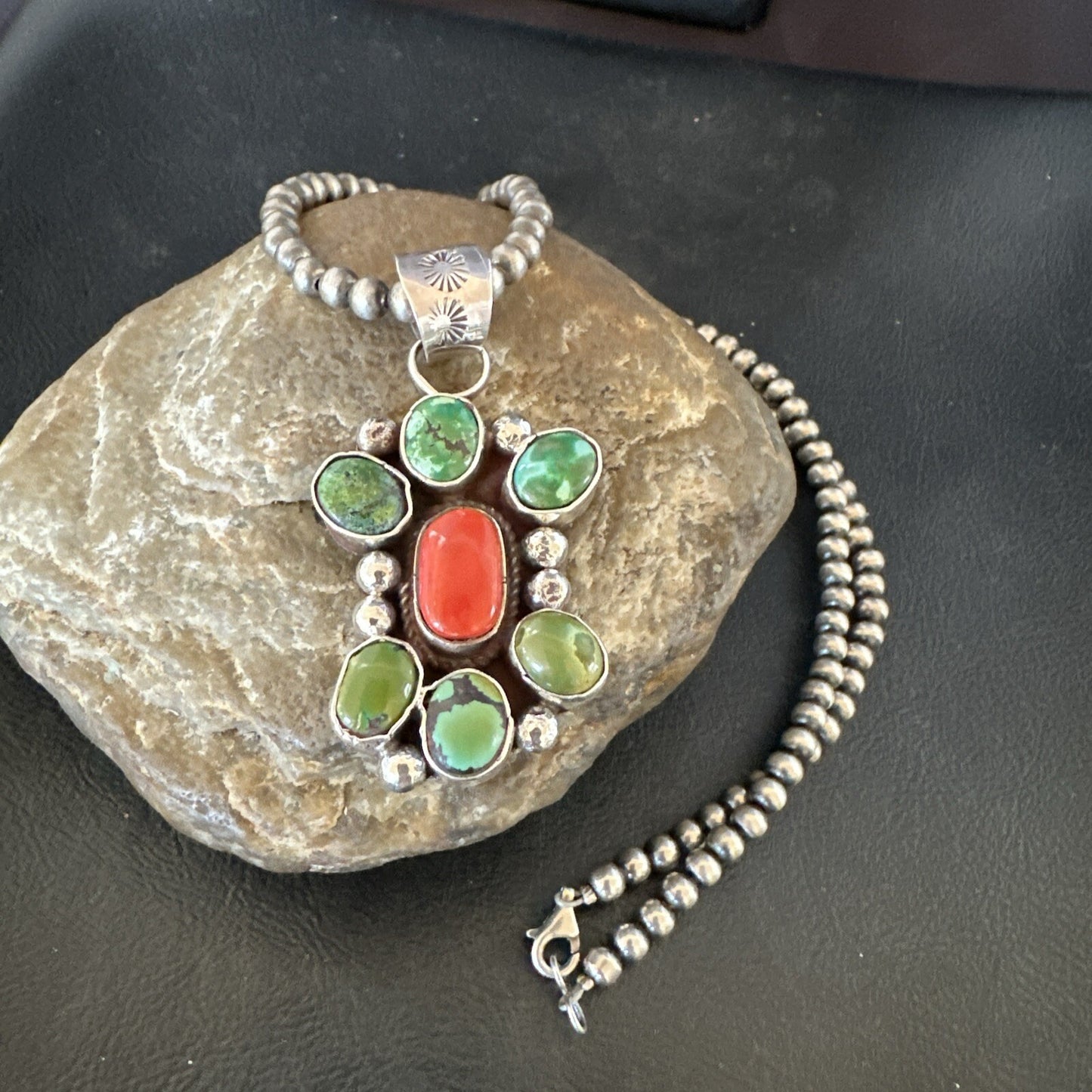 Navajo Sterling Cluster Red Turquoise Pendant Necklace 17714