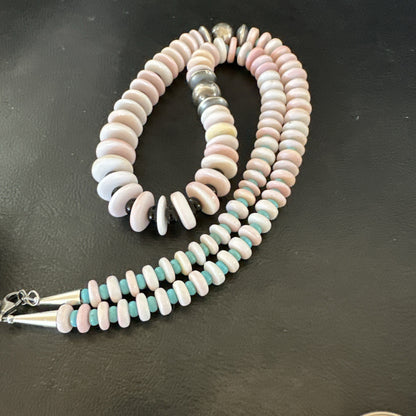 Pink Queen Conch Turquoise Graduated Navajo Sterling Silver Necklace 24” 19016