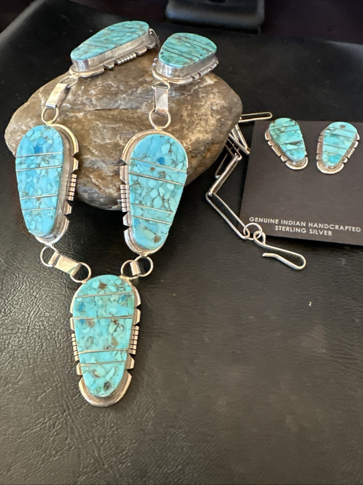Inlay Kingman Turquoise Sterling Silver Lariat Necklace Pendant Earrings 19075