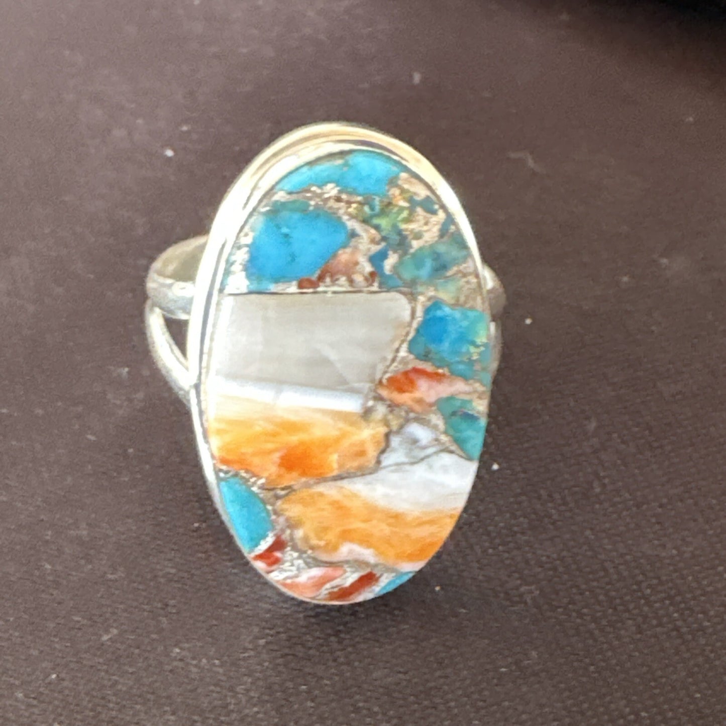 Blue Turquoise Spiny Oyster Southwestern Sterling Silver Ring Size 8 18547