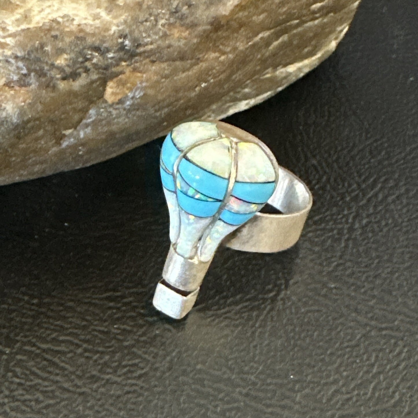Navajo Balloon Blue Turquoise White Opal Inlay Band Ring Sz 6 18187