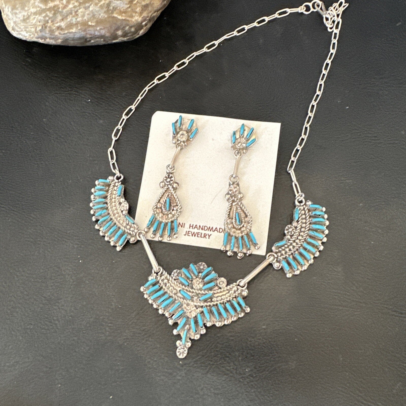 ZUNI Blue Turquoise Sterling Silver Beads Needlepoint Necklace Earrings 18595