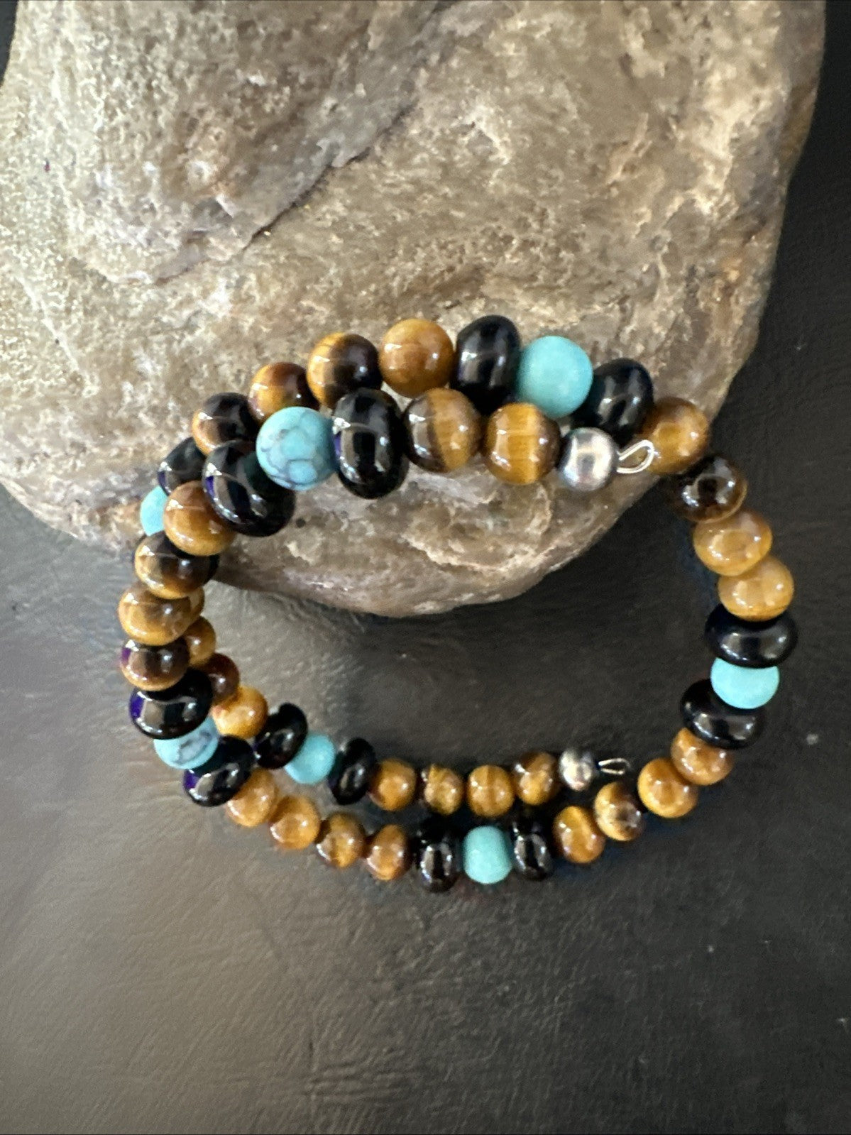 Blue Turquoise Coffee Tigers Eye Navajo Stainless Memory Wire Bracelet 19695
