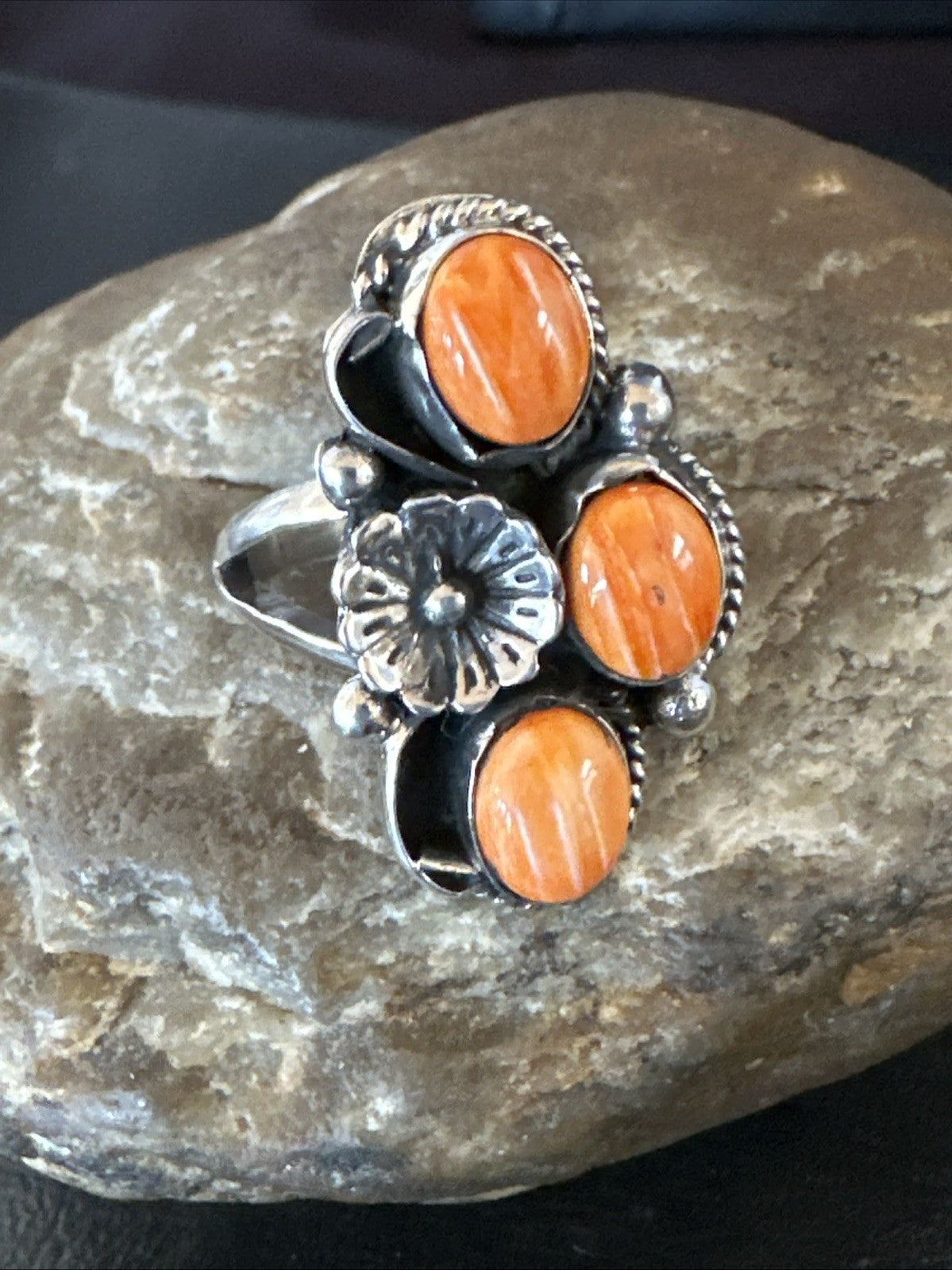 Orange Spiny Oyster Cluster Navajo Sterling Silver Ring Size 9.5 19184