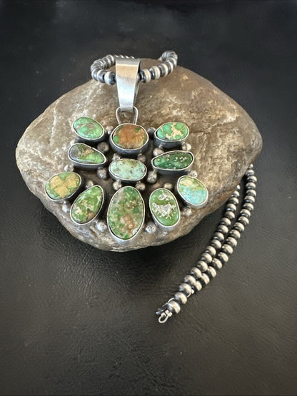 Green Sonoran Gold Turquoise Navajo Sterling Silver Cluster Pendant 19300