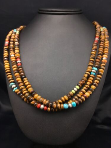 Navajo Tiger's Eye & Turquoise 3 Strand Necklace Sterling Silver 26" 4174