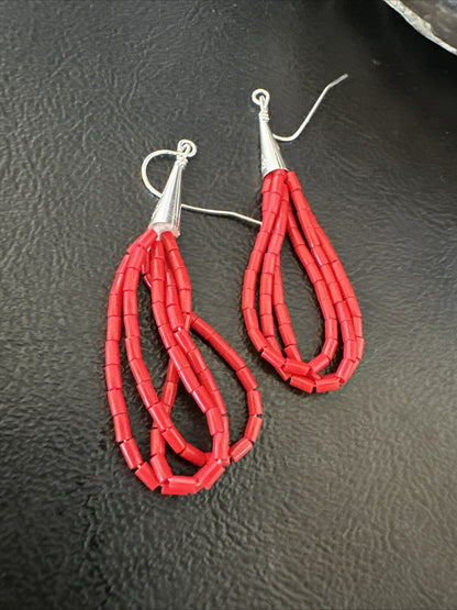 Native Red Coral Heishi 3S Tube Liquid Sterling Silver Dangle Earrings 2" 18198