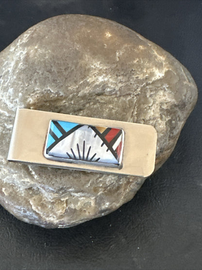 A Zuni Mens Turquoise Spiny Inlay Stainless Sterling Silver Money Clip 17836