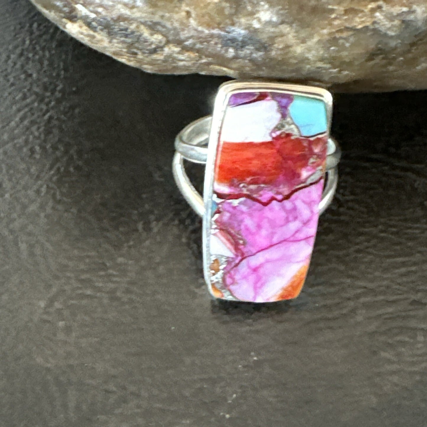 Blue Turquoise Spiny Oyster Navajo Sterling Silver Ring Size 7 18228