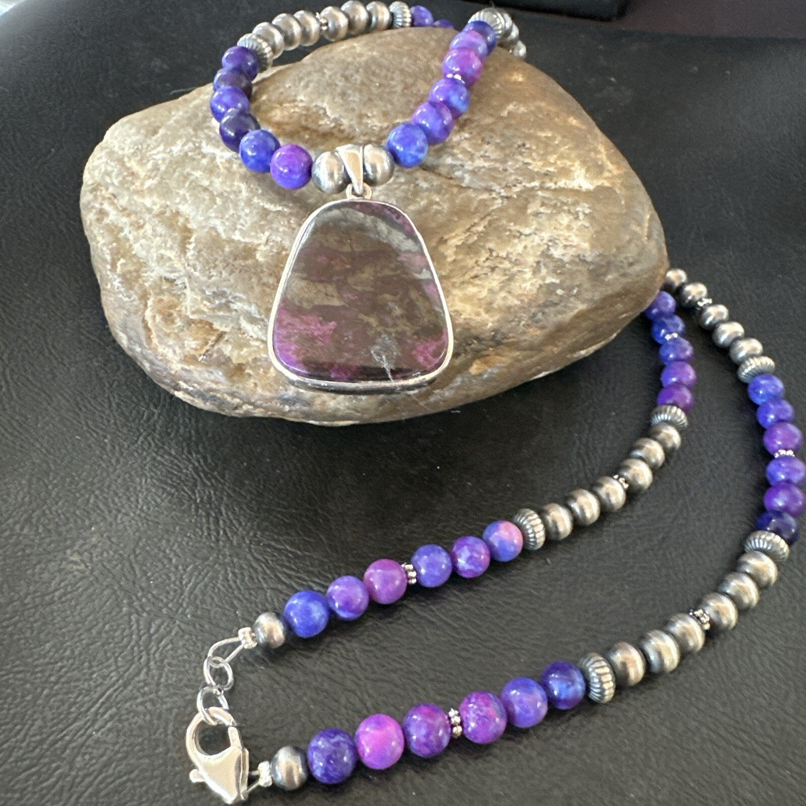 Purple Stone Pendant Navajo Pearls Sterling Silver Necklace 23" 17890