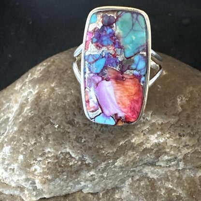 Blue Turquoise Spiny Oyster Southwestern Sterling Silver Ring Size 11 19058