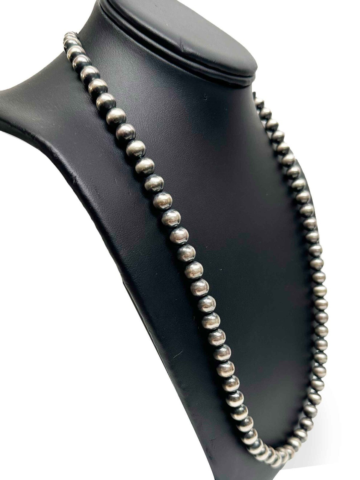 Native American 8mm Sterling Silver Navajo Pearls 24" w\ 2” Extender Necklace