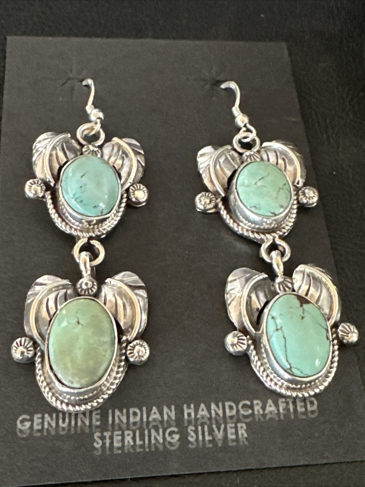 Native Navajo Blue Creek Turquoise Sterling Silver Dangle Earrings 2” 17918