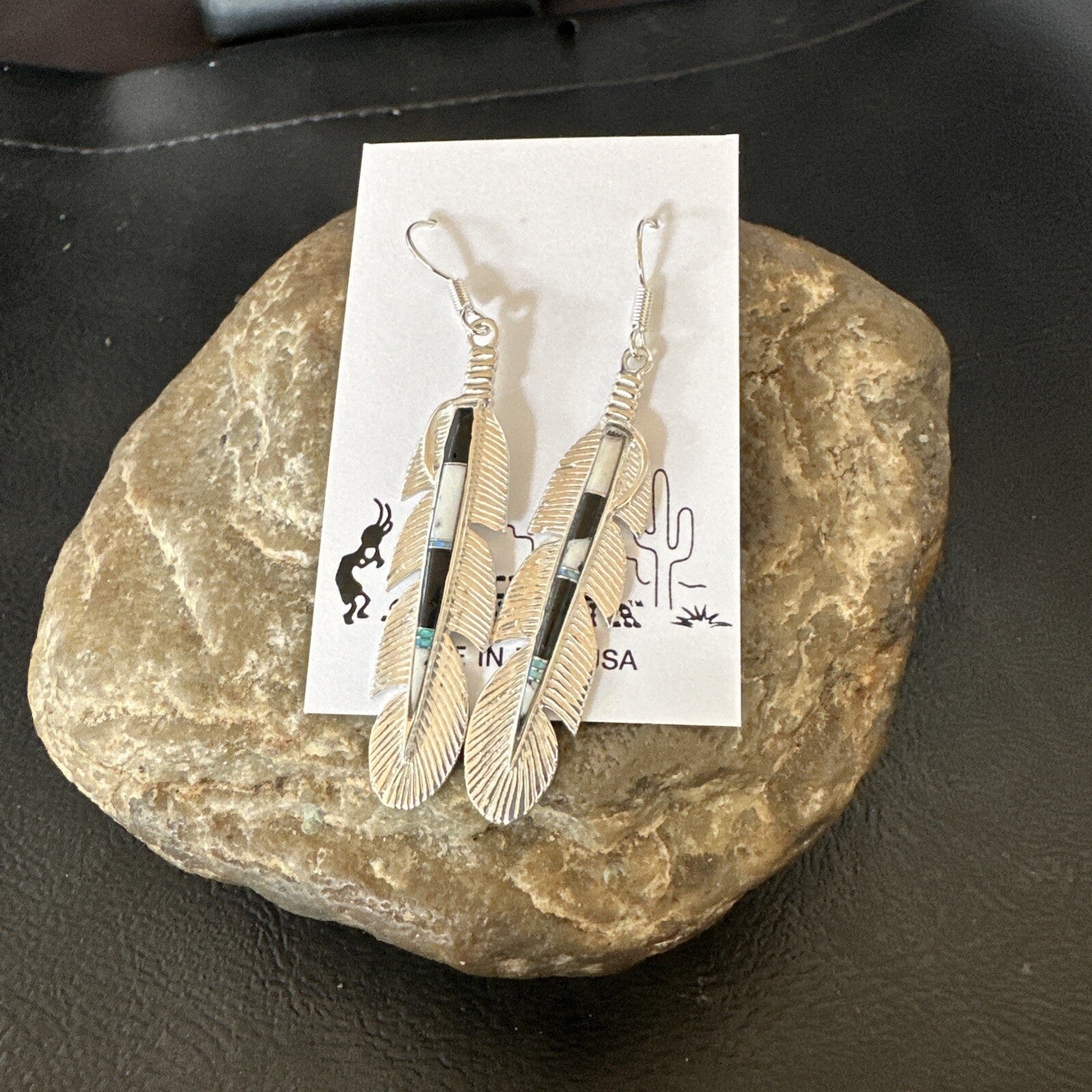 White Buffalo Turquoise Opal Sterling Silver Handmade Feather Earrings 18696