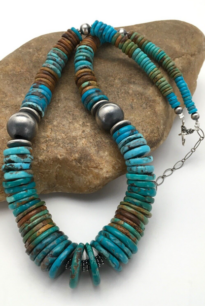 Blue Green Turquoise Navajo Sterling Silver Beads Necklace 02607