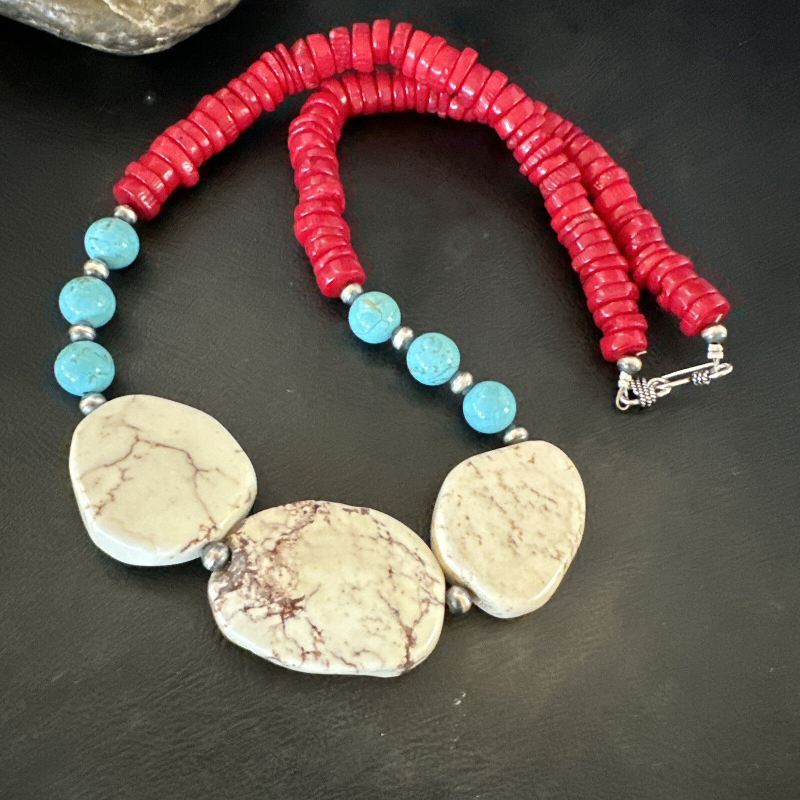 Mens Wild Horse Blue Turquoise Red Coral Navajo Sterling Silver Necklace 17980