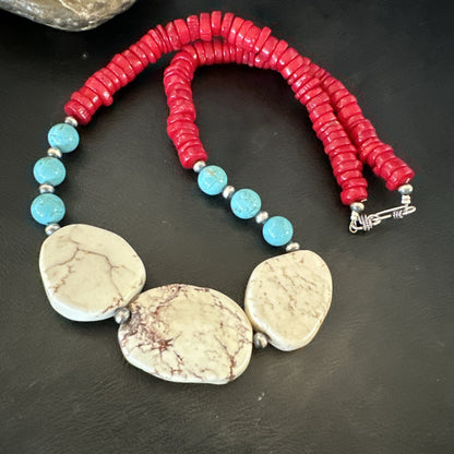 Mens Wild Horse Blue Turquoise Red Coral Navajo Sterling Silver Necklace 17980