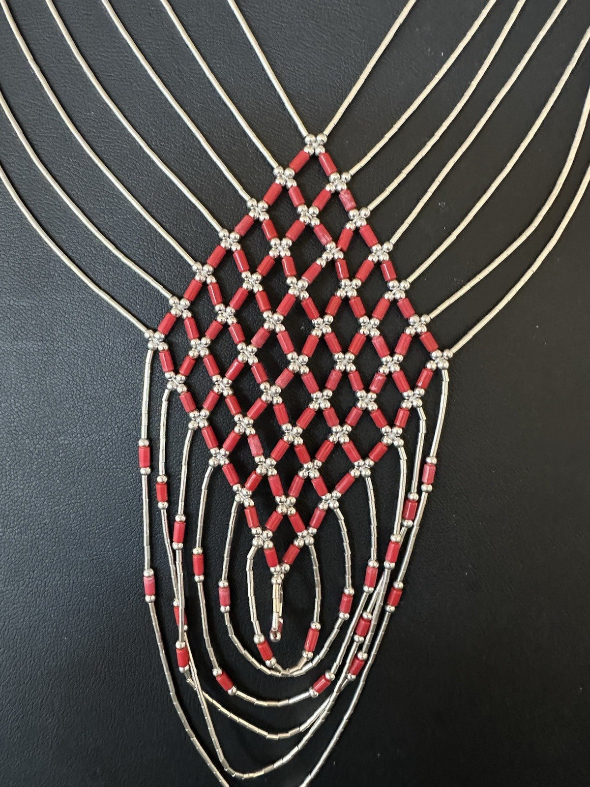 Red Coral Heishi Tubes Pendant 7 Strand Liquid Sterling Silver Necklace 19750