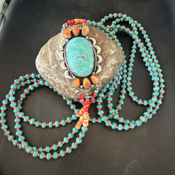 XL Statement Green Turquoise Spiny Navajo 3S Necklace 34" | Sterling Silver | Authentic Native American Handmade | 19676