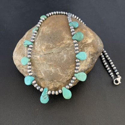 Navajo Pearls Necklace Sterling Silver Blue Turquoise Teardrop 13158