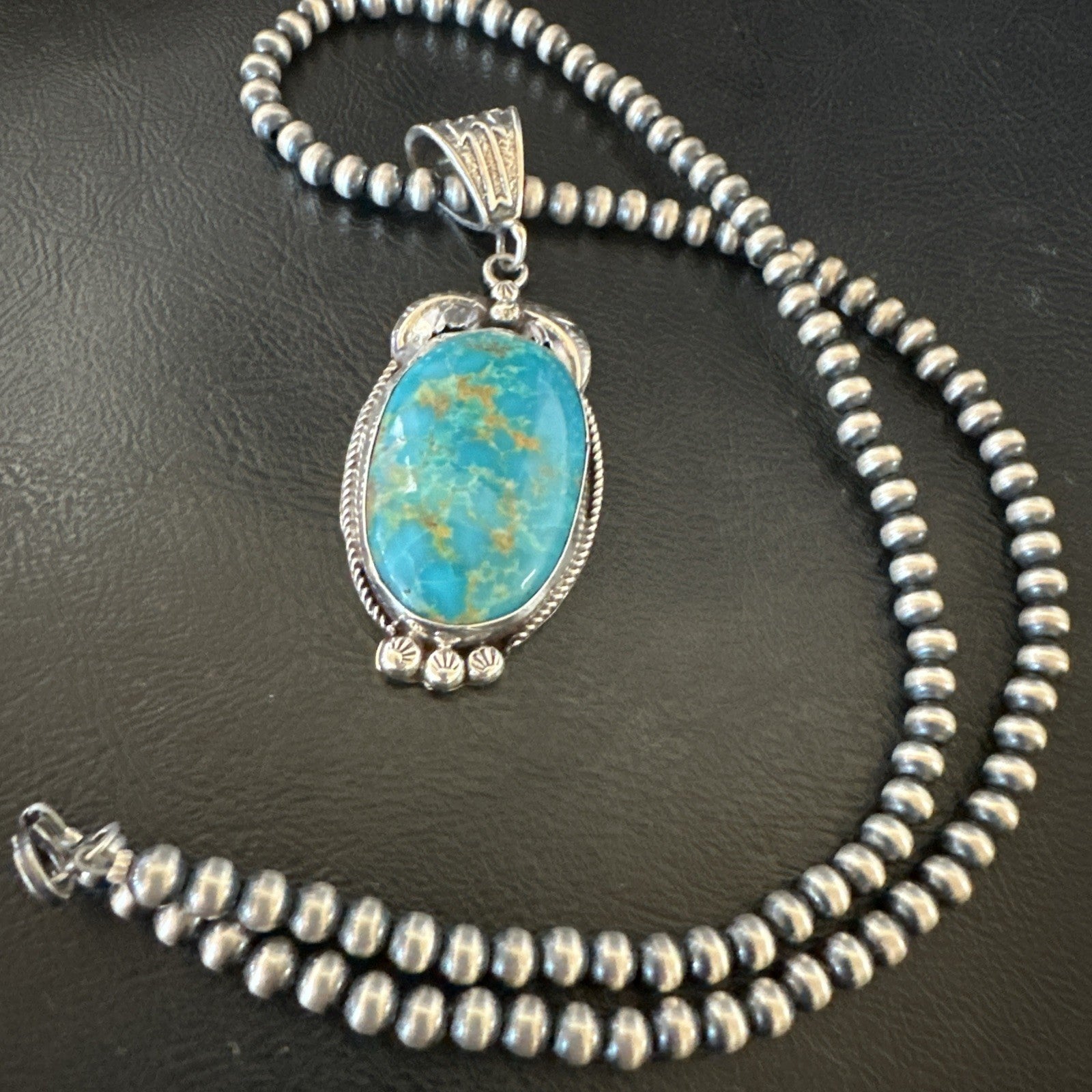 Mens Blue Kingman Turquoise Pendant Navajo Pearls Sterling Silver Necklace 19344