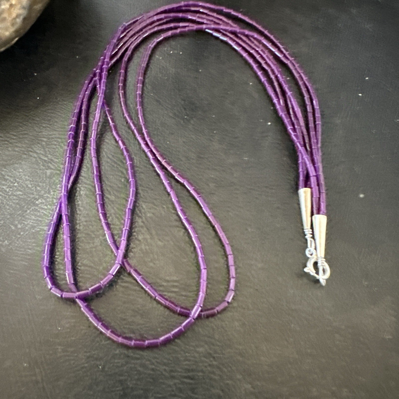 Purple Stone Heishi Bead Stabilized 3 Strand Sterling Silver Necklace 19702