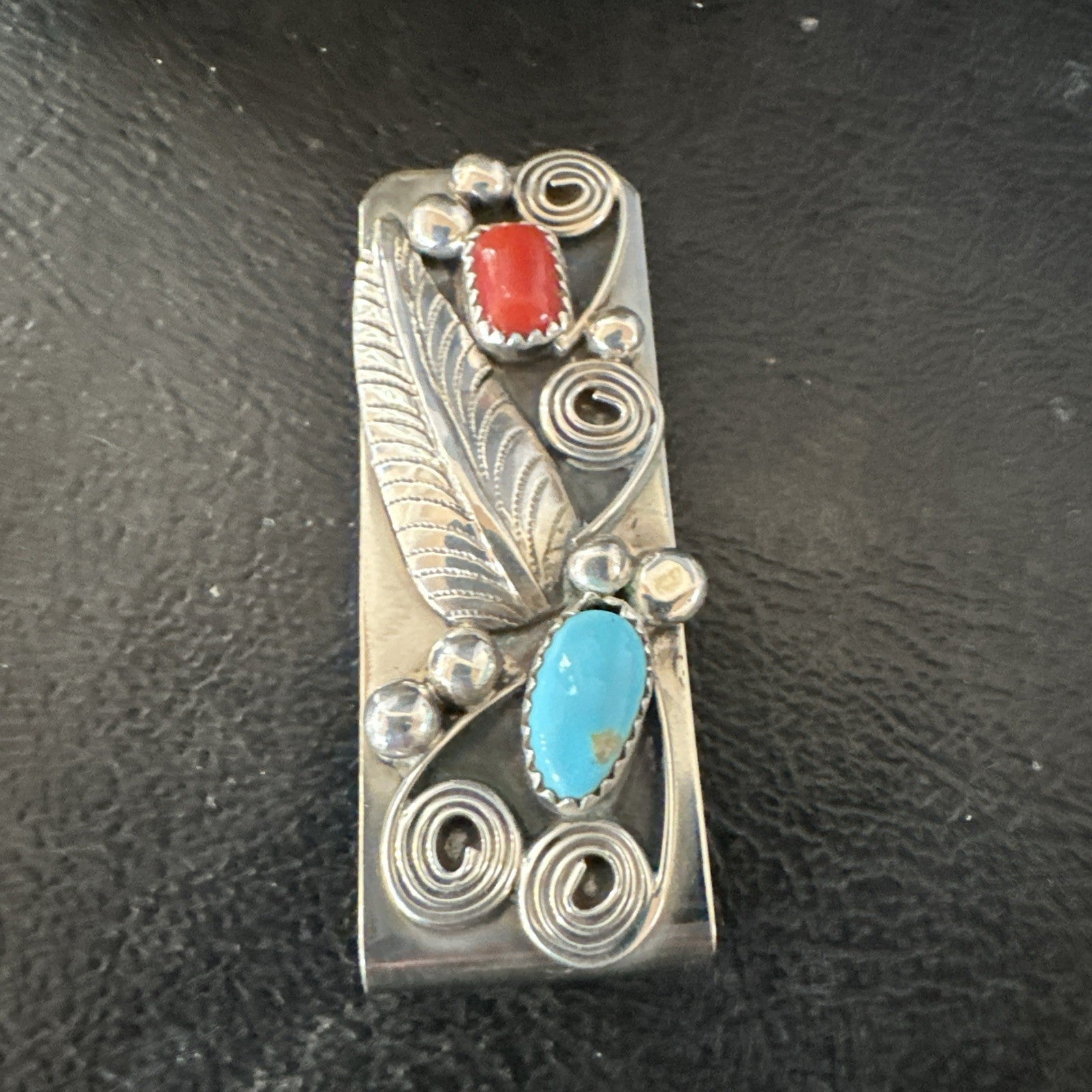 Mens Women Blue Turquoise Coral Navajo Stainless Stamped Silver Money Clip 19735