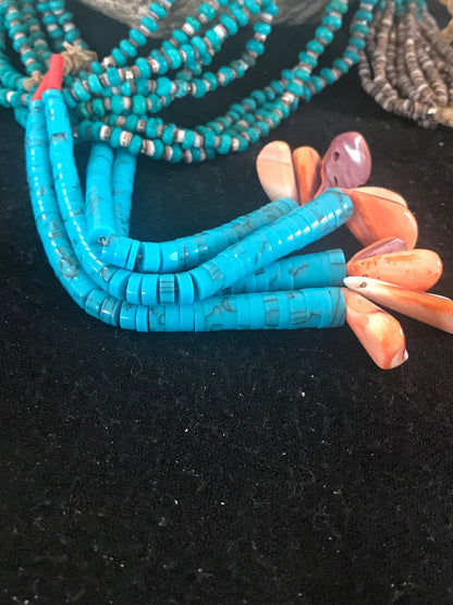 Mens Turquoise Bead 9 Strands Navajo Pearls Sterling Silver Necklace 08451