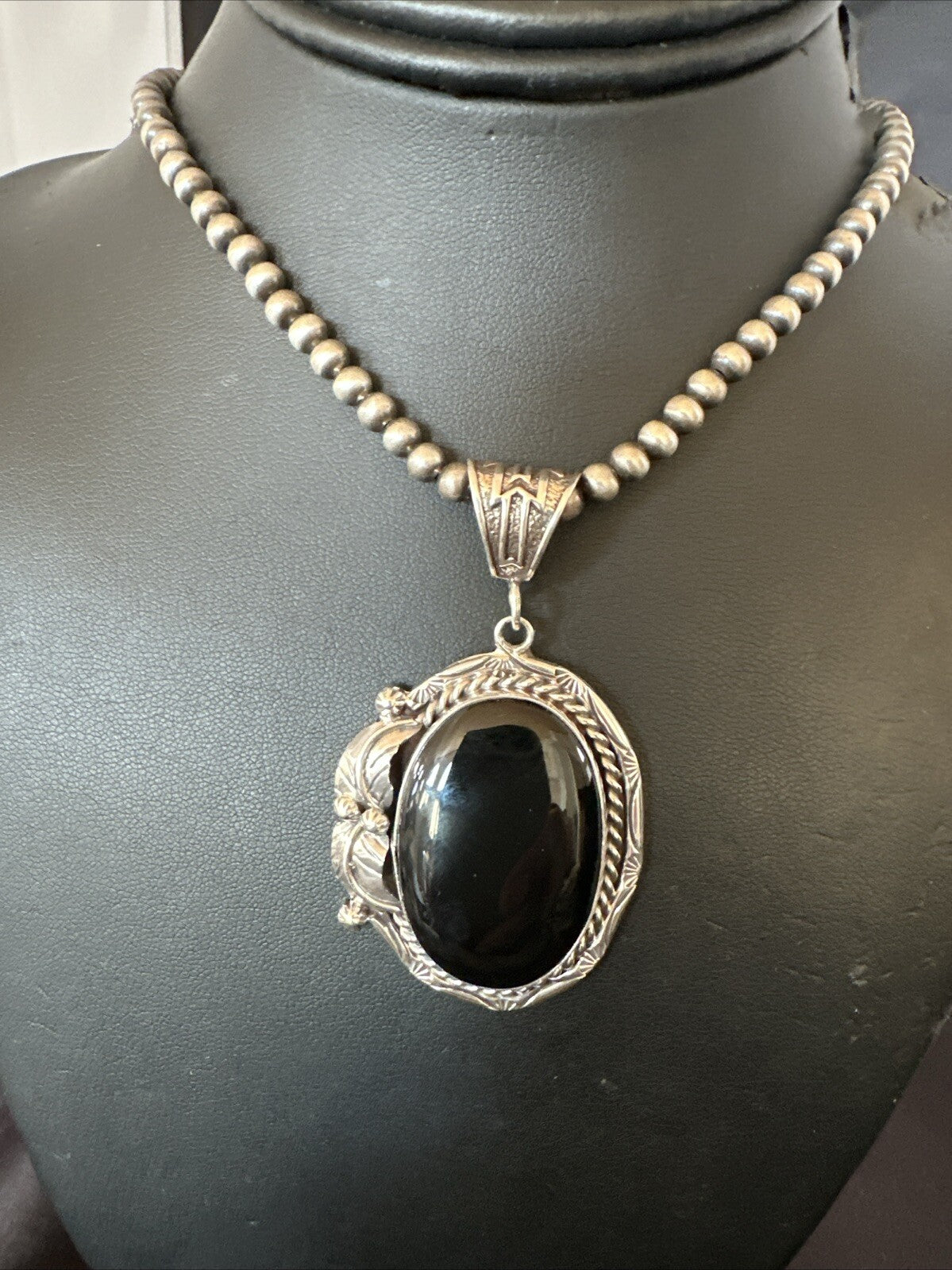 Mens Womens Black Onyx Pendant Navajo Sterling Silver Beads Necklace 18305